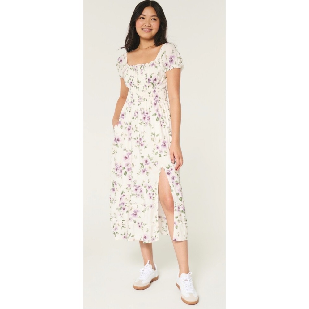 Hollister White Purple Floral Smocked Midi Dress Short Puff Sleeve Slit Large
